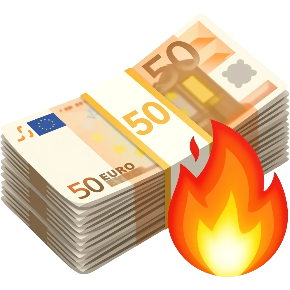 €50 banknote stack with authentic iOS emoji-style flames, smooth rounded gradients, glossy highlights, polished 3D emoji aesthetic, crisp layered bill edges, transparent background. emoji