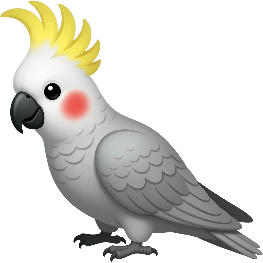 una cacatua ninfa con el cuerpo de color gris  la cabeza color amarillo y que tenga las mejillas de color rojo emoji
