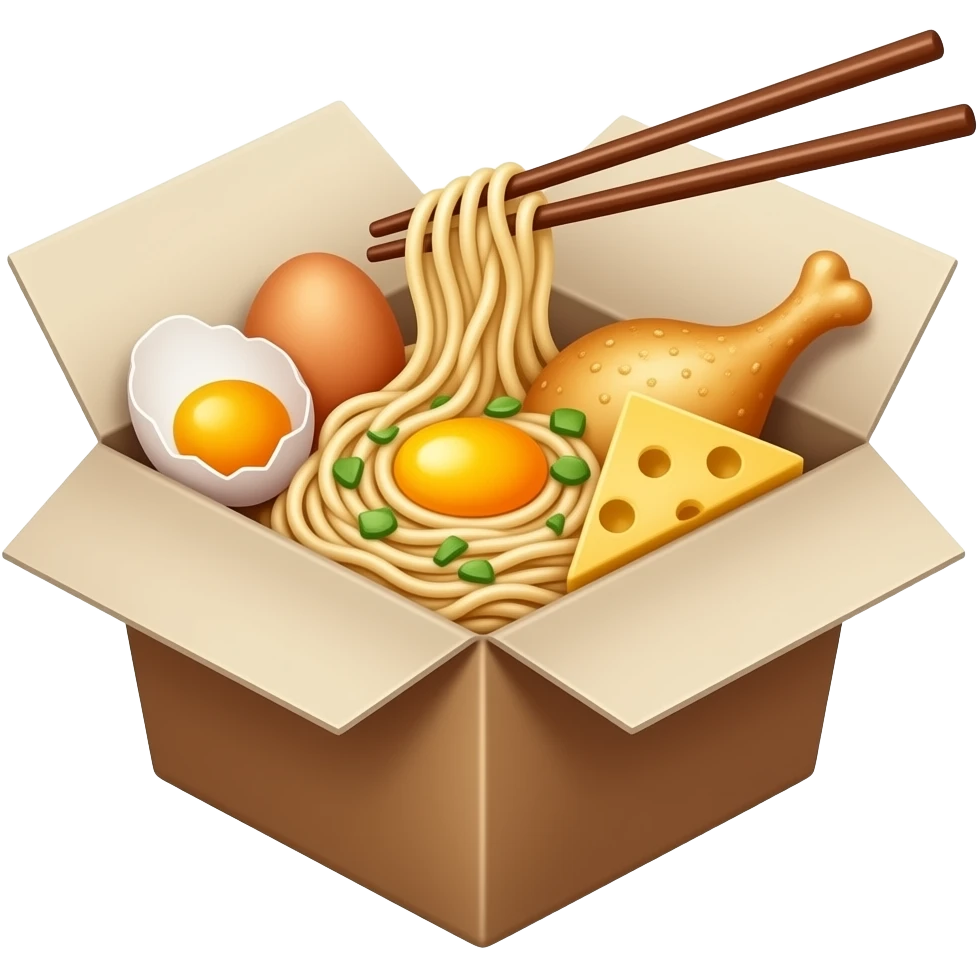 Chinese Noodles in a box with eggs and chicken and cheese emoji