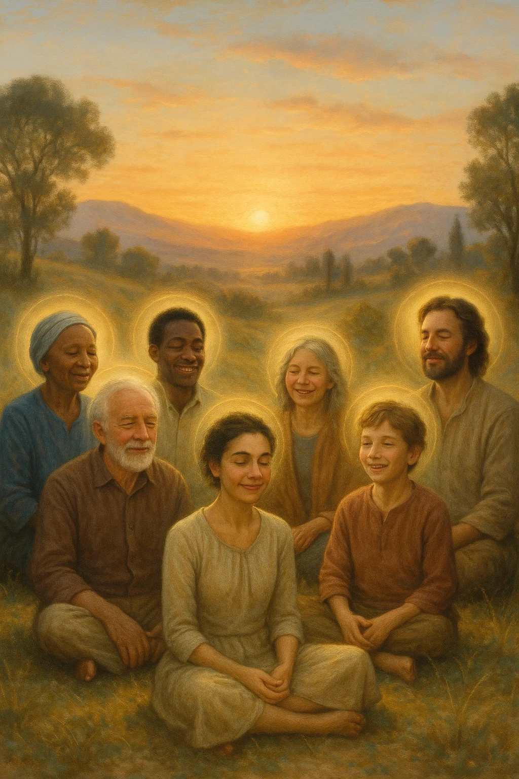 a diverse group of people of different ages and backgrounds sit together in a peaceful natural setting at sunrise, each with serene, joyful expressions. Subtle auras or soft light halos surround them, symbolizing spiritual awakening and inner harmony. The background features gentle hills, trees, and a glowing sky, evoking unity and connection. realistica italiano emoji