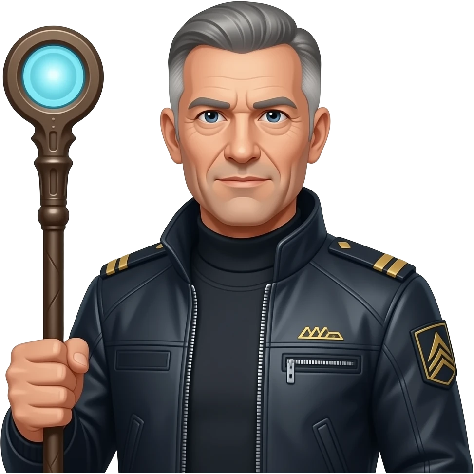 A stern elder tech guru holding a stick with a military haircut emoji