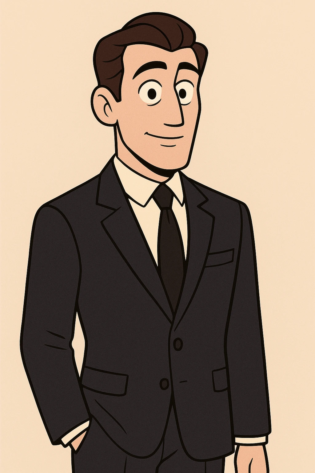 formal individual in dark suit, elegant and trustworthy appearance, simple background, cartoon style emoji