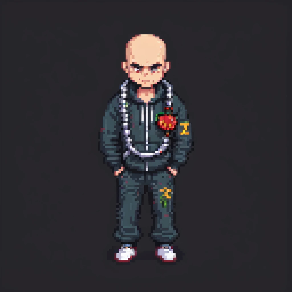 Pixel art thug in tracksuit, holding chain, bald head, angry expression, side view, retro arcade sprite
 emoji