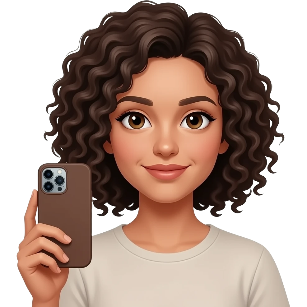 A curly long haired girl 28 years old dark brown color hair holding an silver iPhone 15 pro max with a solid and silicon brown Casetify case emoji