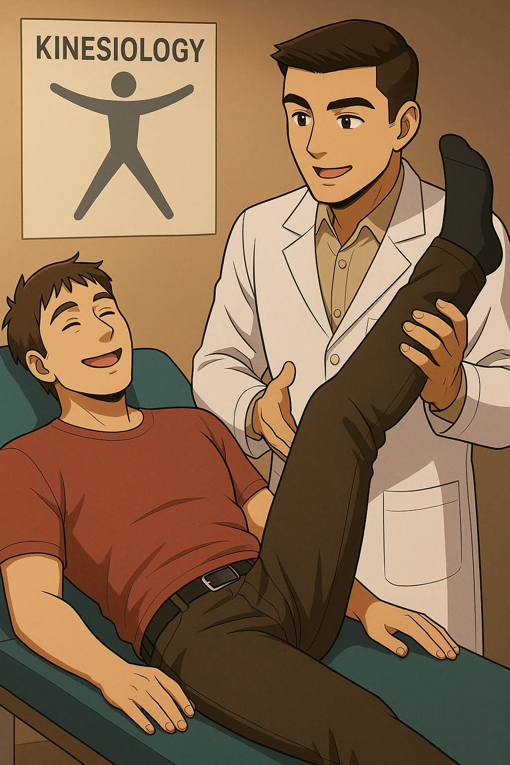 fai un webtoon manga a colori con questo stile, in cui un uomo è steso sul lettino medico e il kinesiologo con il camice bianco (fagli anche la scritta "ANTONIO ANANIA" SUL CAMICE, gli solleva una gamba per fargli il test neuromuscolare, IL KINESIOLOGO SPIEGA ALL'UOMO UNA cosa mentre gli alza la gamba. l'espressione dell'uomo è felice e soddisfatta, non fare i fumetti però, fai solo in modo che sembri stiano parlando, il lettino fai in modo che si veda tutto intero emoji
