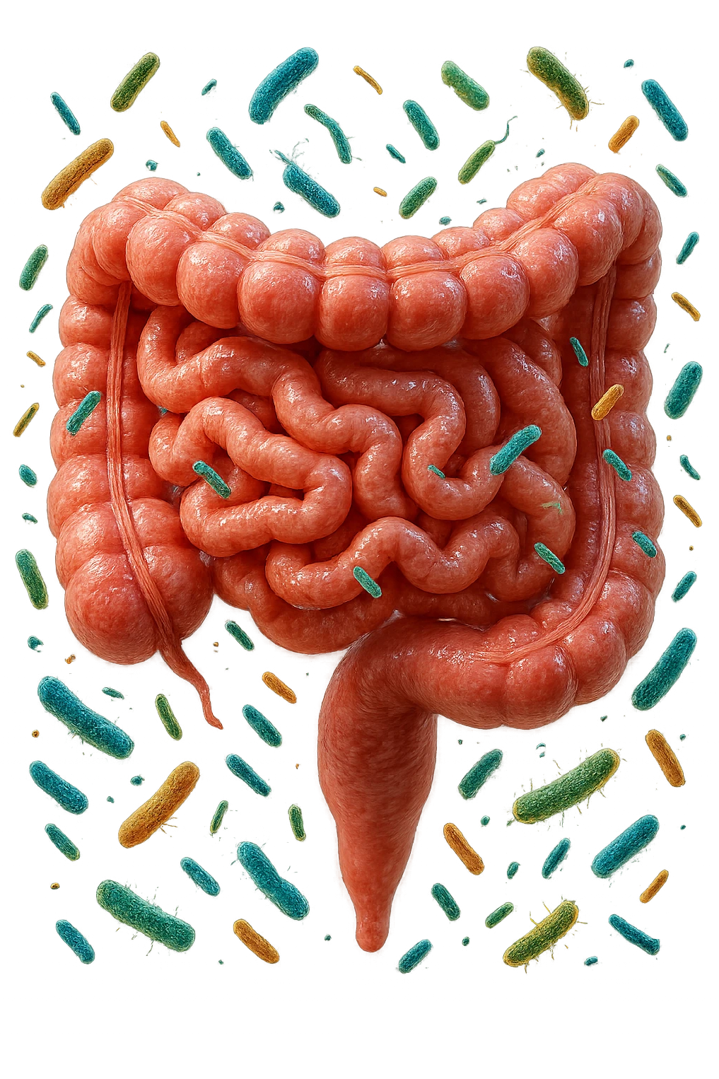 intestino umano anatomico con batteri che fluttuano, iperrealistico 4k emoji