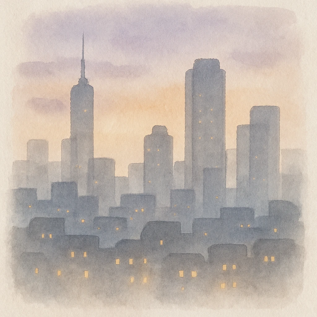cityscape at dusk, soft glowing lights, modern skyline, subtle purple and orange sky, dreamy painterly style emoji