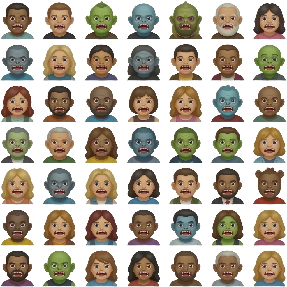 Monster family of 100 like big mouth different looks hominids emoji