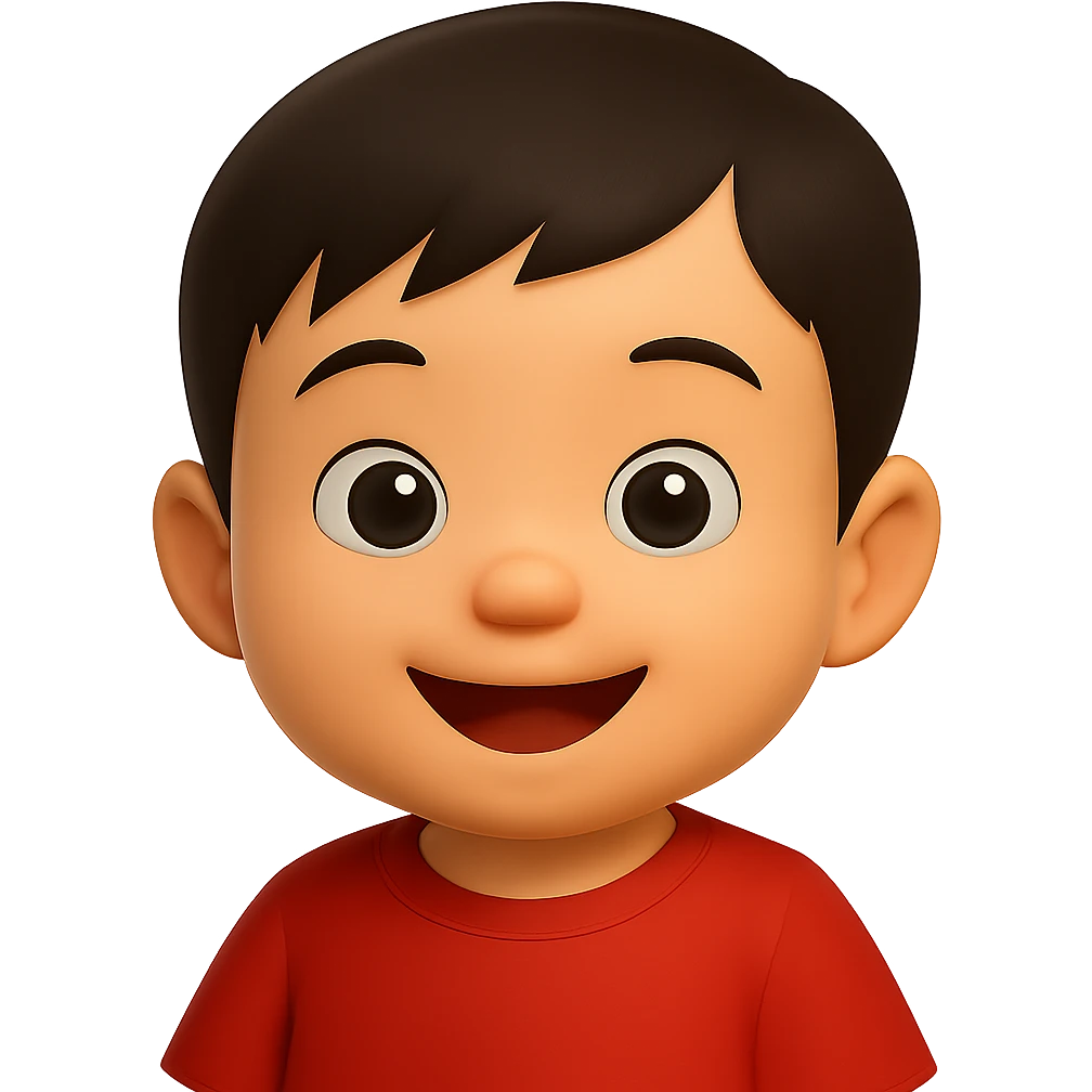 Edit the cute Asian baby boy emoji by changing the shirt to bright red while keeping the rest unchanged. Use a soft glossy texture and make it about 80% realistic. No background. emoji