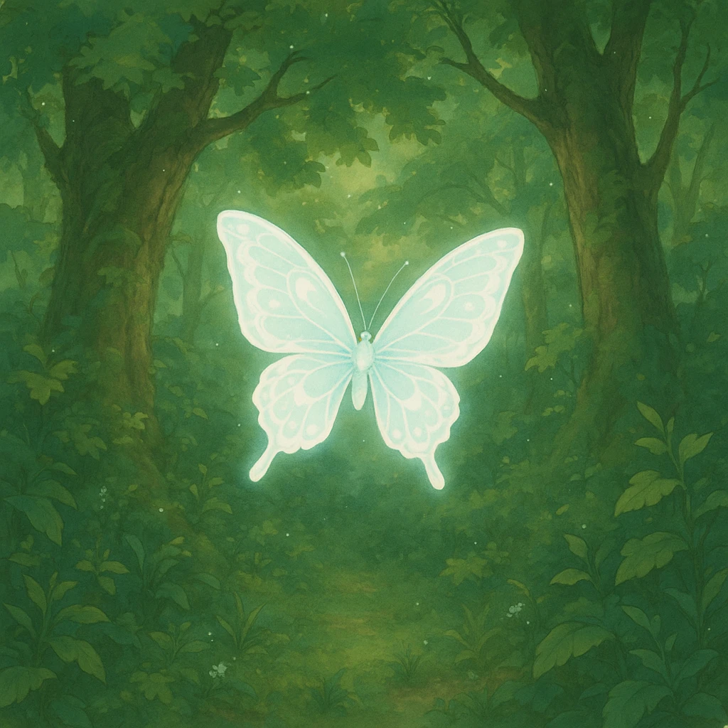 ghibli style butterfly in a lush forest, soft colors, magical atmosphere emoji