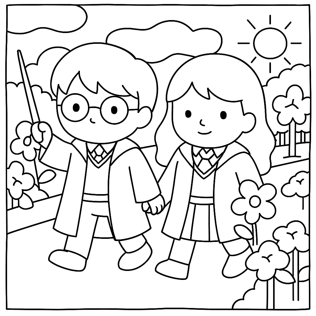 Replace the two teddy bears with cute Harry Potter and Gina Weasley characters in the same simple line style and original background. Harry Potter should have his signature scar and Hogwarts robe, and Gina Weasley should have red hair and Hogwarts uniform. Maintain the cute style and simple line art consistent with the original references. emoji