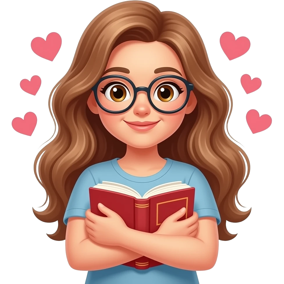 detailed emoji illustration of a curvy woman with long light brown wavy hair, light brown eyes and round glasses hugging a book with hearts around her, in love with the story, cute emoji style emoji