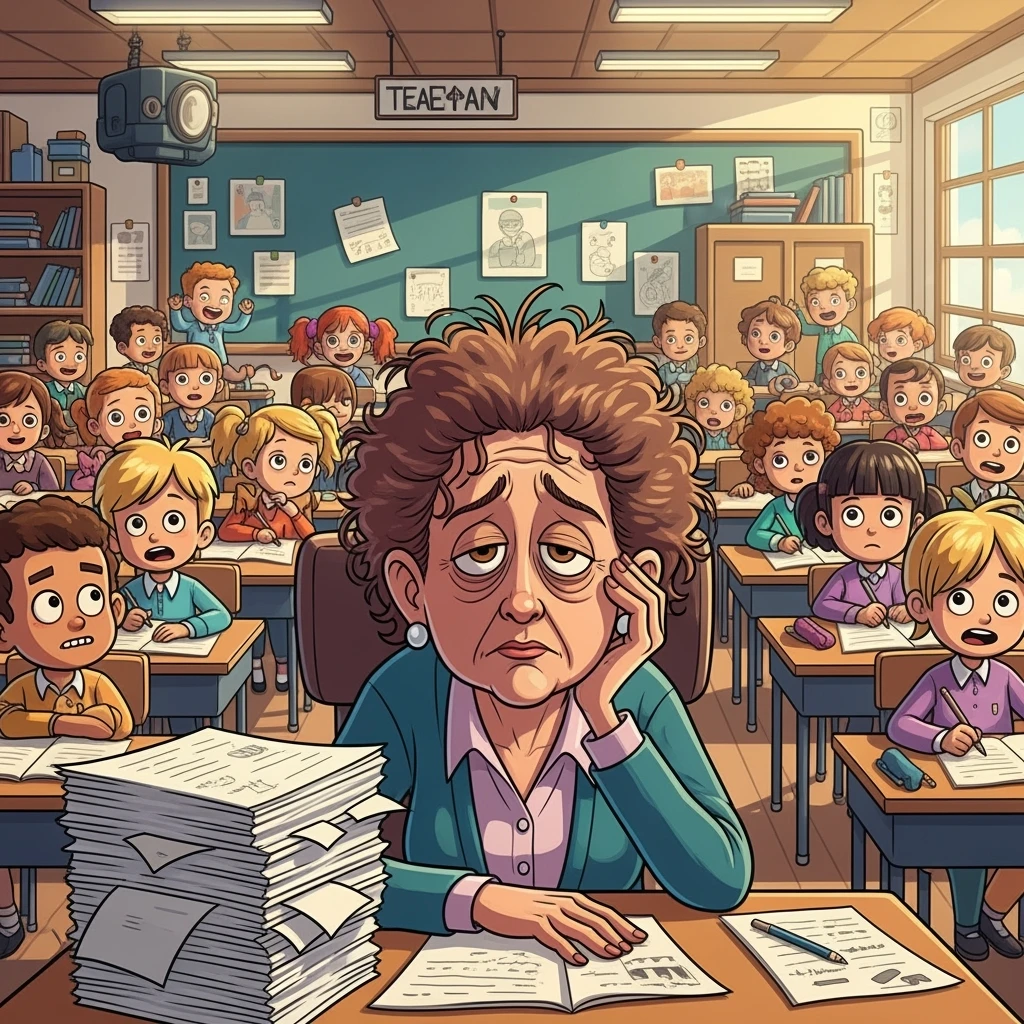 digital cartoon art of a exhausted teacher in a bustling classroom emoji