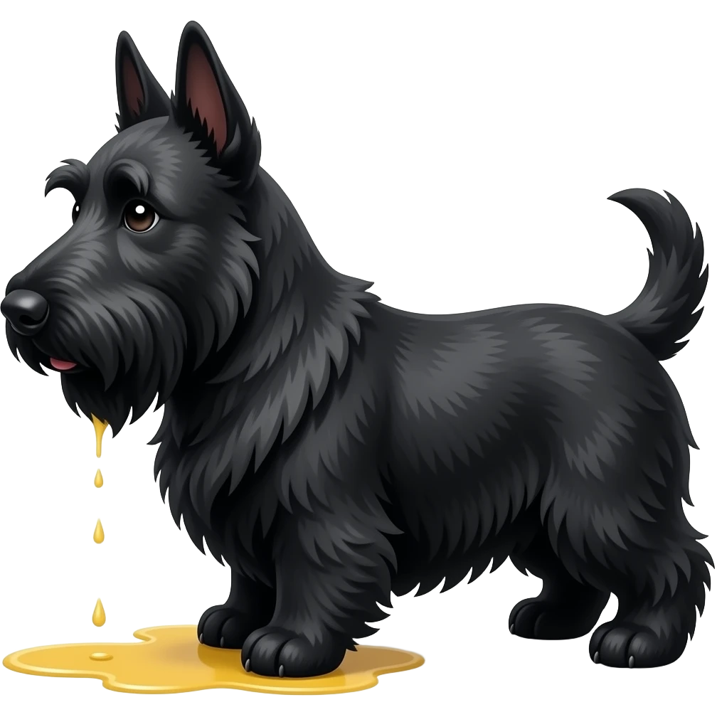 Black Scottie dog in profile with small puddle of yellow urine on the floor under his hind paws, white background. No liquid coming from his mouth emoji