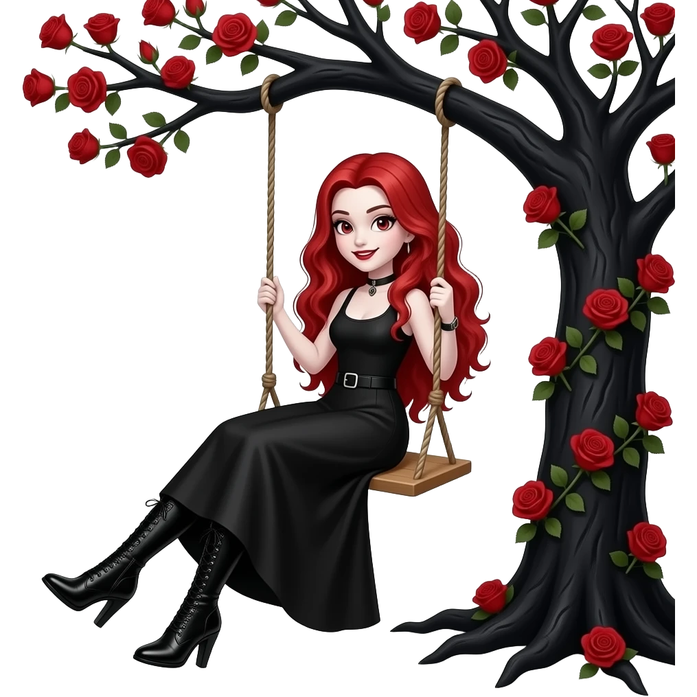 Vampiro adolescente femmina con pelle bianca e capelli rosso ondulati lunghi che indossa una gonna lunga nera e un top-canottiera nera e degli stivali lunghi neri con tacco e che dondola su un altalena attaccata a un albero nero con rose rosse emoji