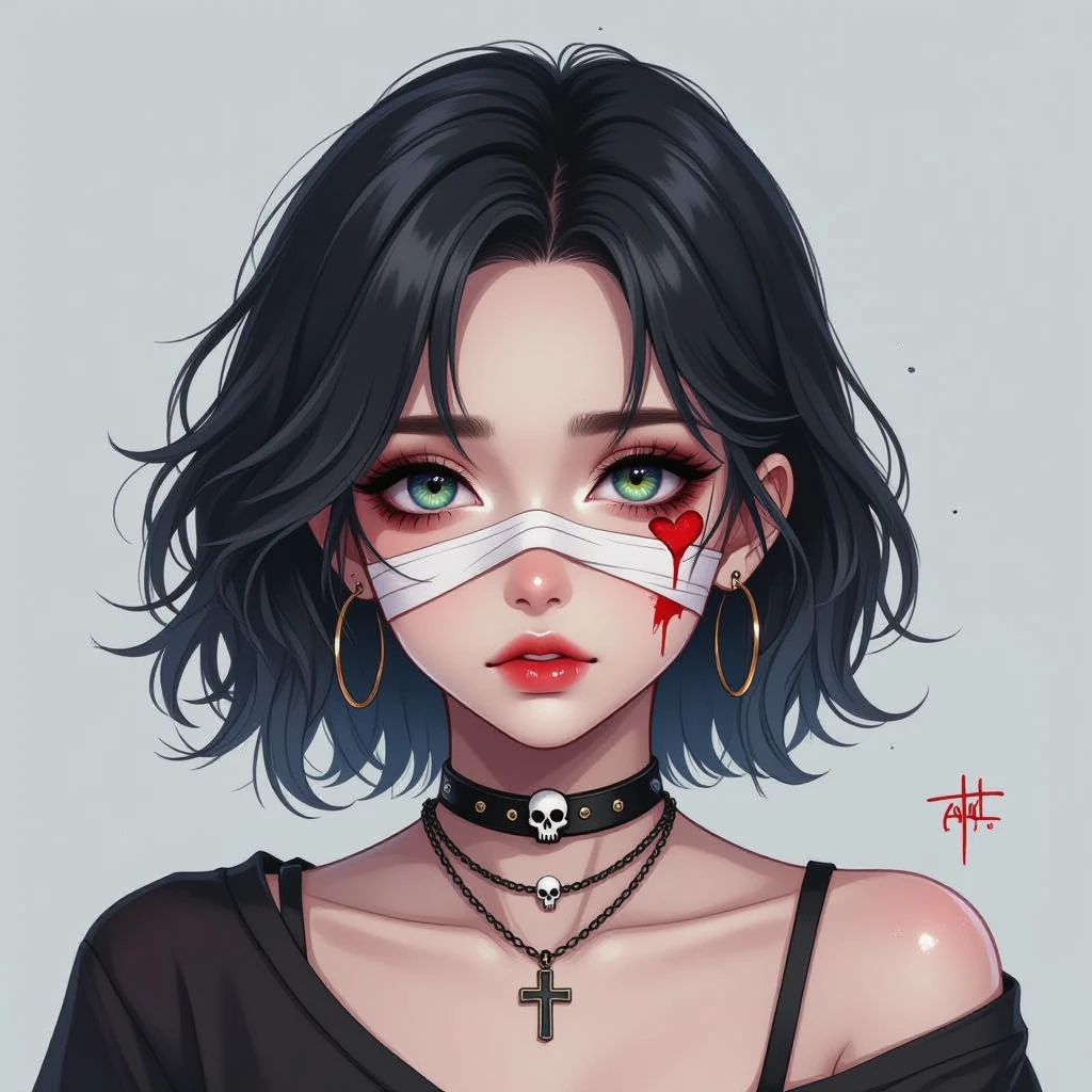 emo heart, bandaged, dark colors, subtle skull or cross motif, emotional expression emoji