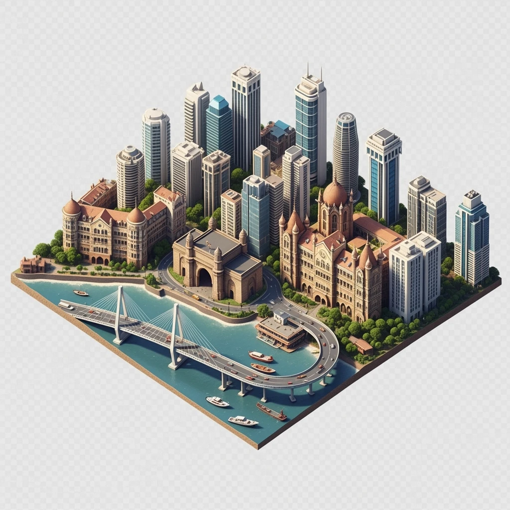 Isometric miniature of Mumbai city, featuring iconic landmarks like Gateway of India, Bandra-Worli Sea Link, Chhatrapati Shivaji Terminus,  clustered high-rises and skyscrapers, 3D miniature effect and Tilt Shift effect, no cartoonish look, transparent background.

 clustered high-rises emoji