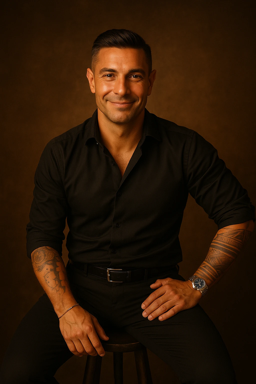 Realistic and cinematic style portrait of a man highlighting health and vitality: healthy skin, lively eyes, expression of satisfaction and serenity, warm atmosphere, details suggesting psychophysical balance. Aspect ratio 2:3. emoji