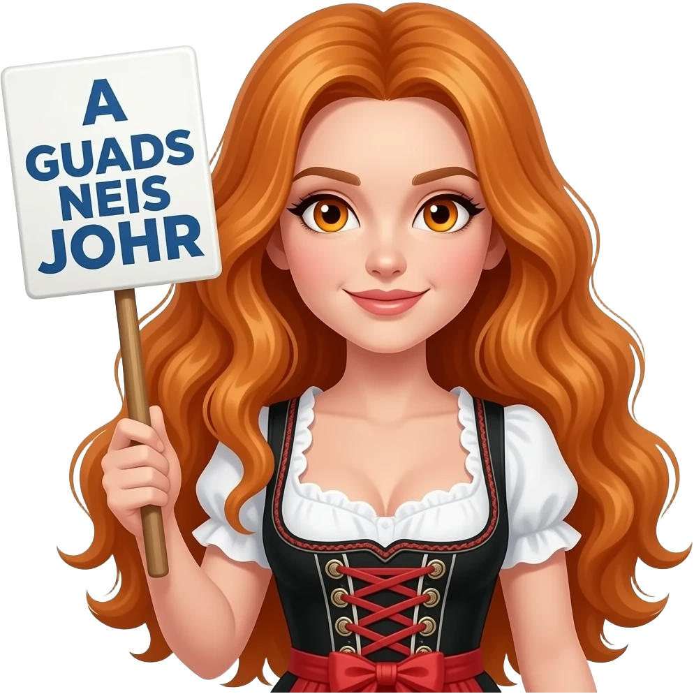 sexy girl with overlong ginger hair and ginger eyes wearing a dirndl holding a A GUADS NEIS JOHR sign emoji