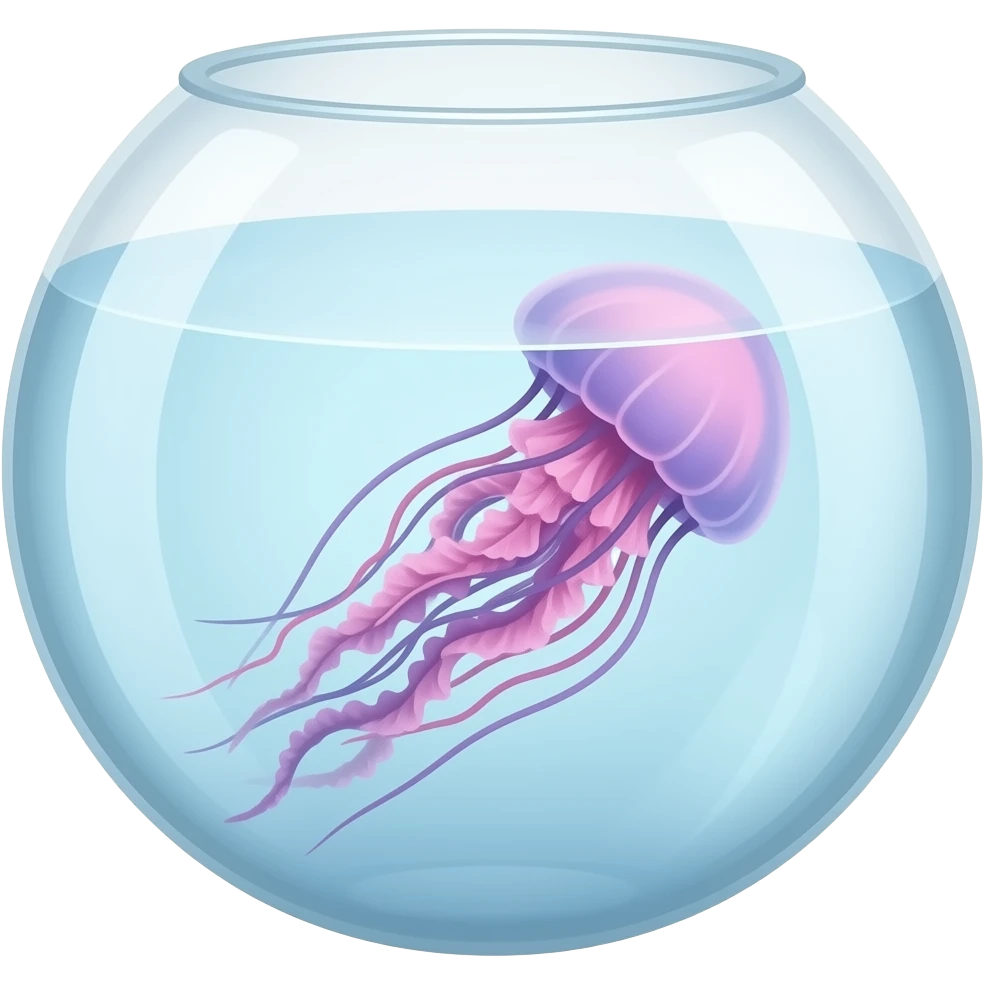 Big jellyfish in a completely round aquarium swimming pink purple Colors emoji