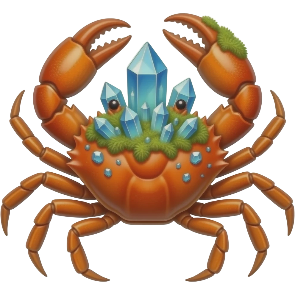A crab with  in a crystals in a big Crystal on its back with tiny crystals in with moss growing on it and y emoji