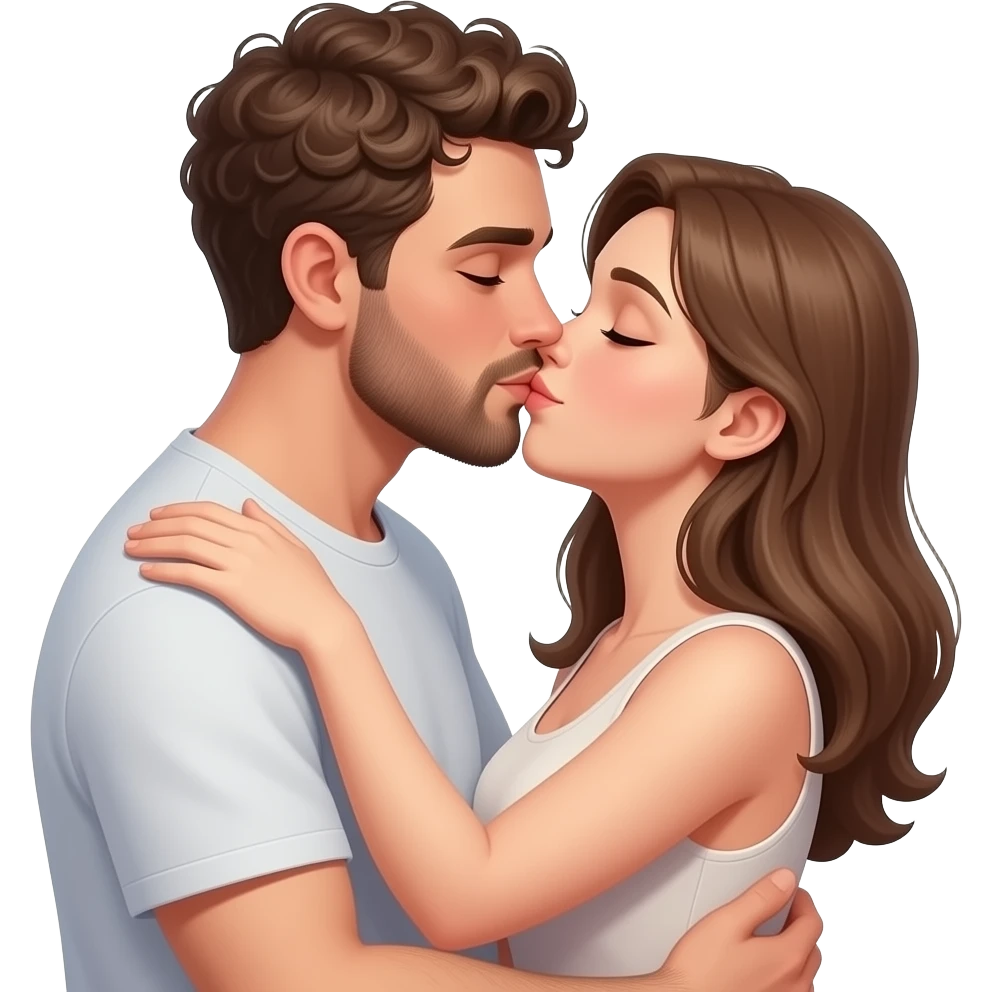 Realistic white man brown super short curly hair with beard kissing passionately and hugging realistic white girl brown hair emoji