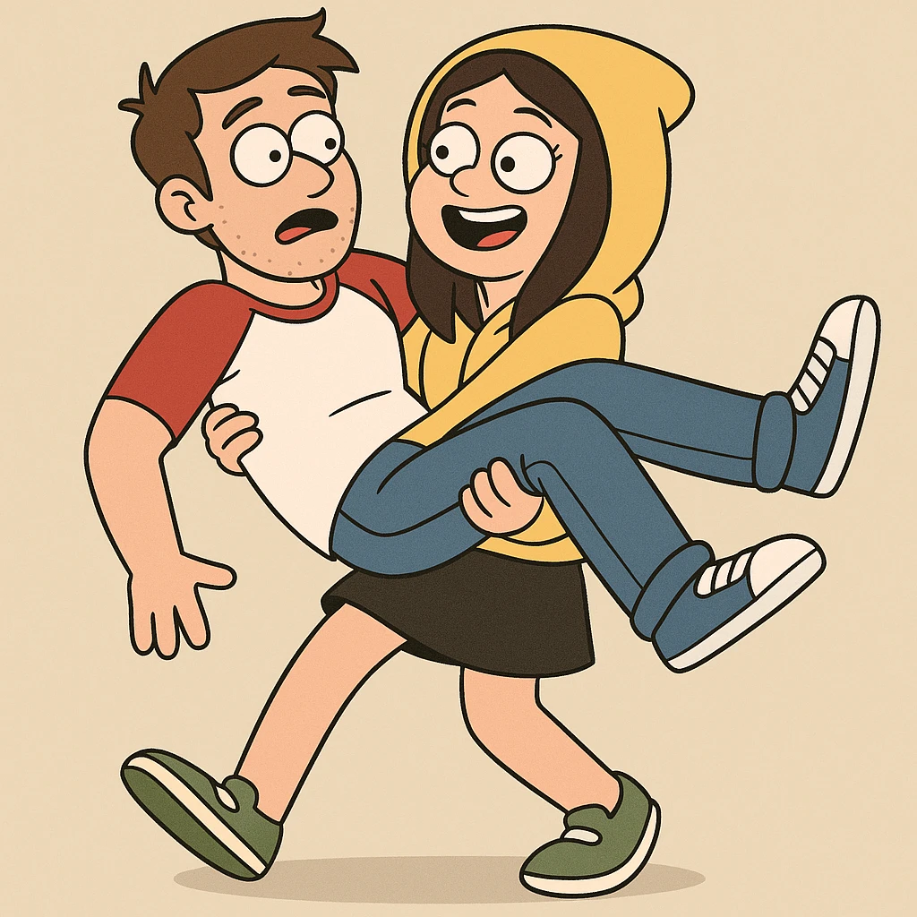 A man Raglan sleeves with Red t-shirts blue jeans white shoes carried by a cute a girl yellow hoodie black skirt green shoe  emoji