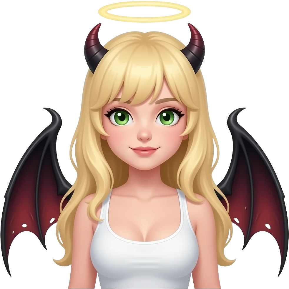 Make an emoji of a cute, busty, green eyes, blond hair (no bangs) white girl with an angel halo, but devilish and dark everywhere else with dragon wings emoji