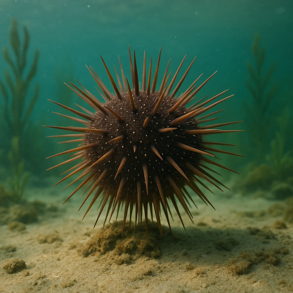 realistic sea urchin, highly detailed, natural colors, underwater, no text, ghibli style with realism emphasis emoji