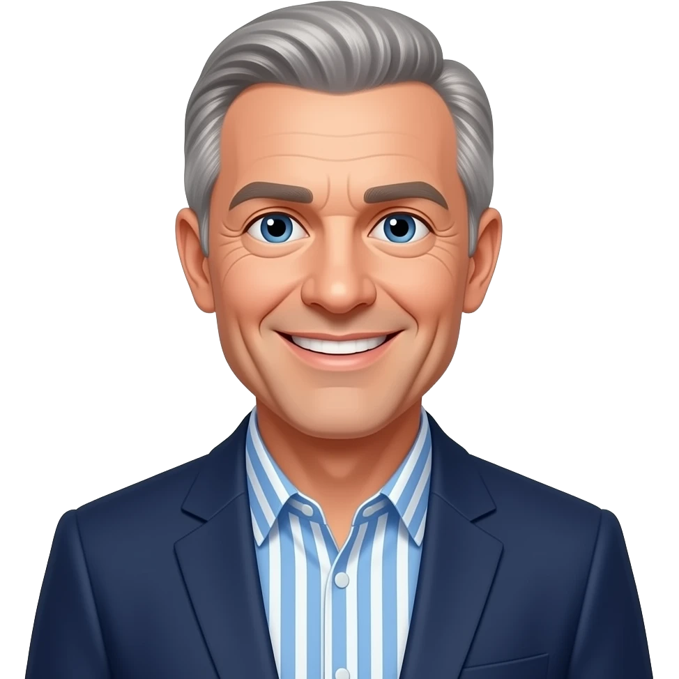 DJR - man, friendly smile, mid 70's, blue eyes, slim face, blue and white vertical striped button up shirt, thin grey hair, comb over, dark blue blazer emoji