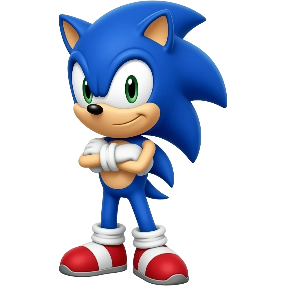 Blue spiky hedgehog with folded arms, cool smirk, white gloves, modern 3D emoji character design emoji