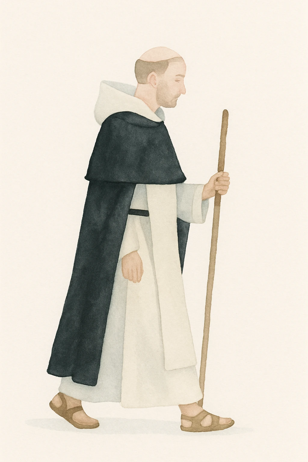3rd Order Dominican monk walking with a staff, black and white habit, outdoors, soft watercolor style emoji