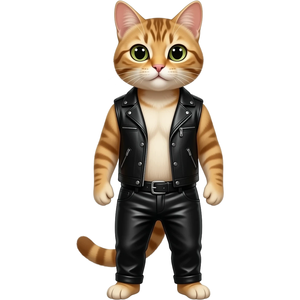 a cat wearing open vest and black leather pants emoji