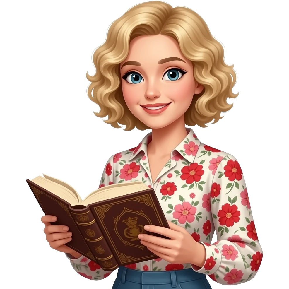 blonde curly bob reading an antique book in red and pink flowers blouse emoji