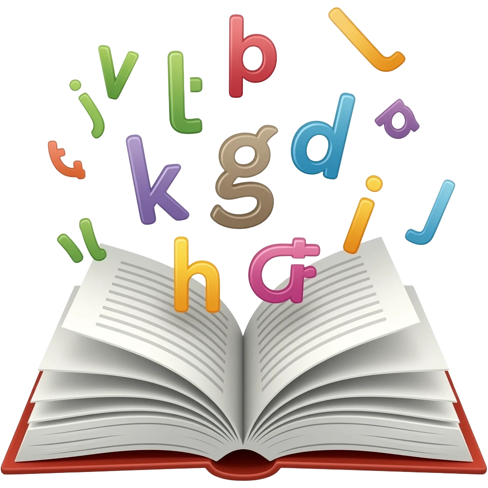 An open book with phonics flying out emoji