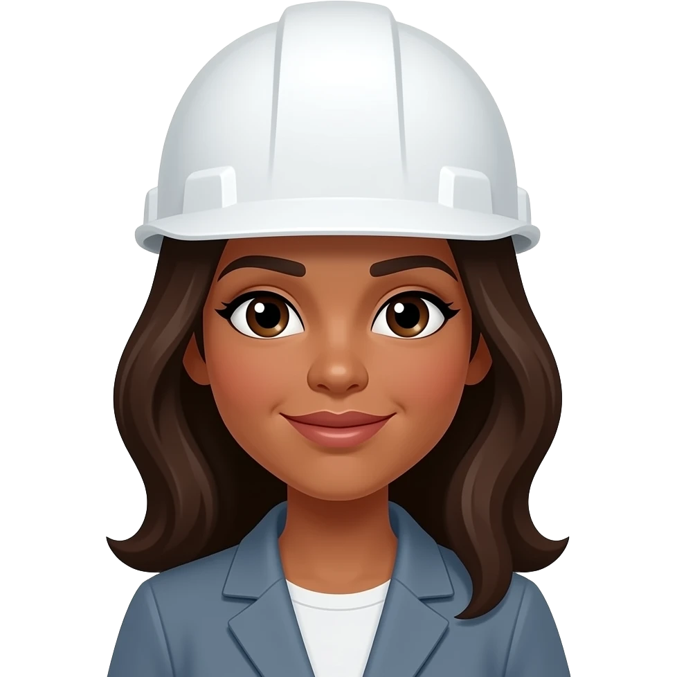 Mujer ingeniera con casco blanco, de piel trigeña y cabello castaño oscuro largo, que el emojis sea pequeño para ponerlo en textos emoji emoji