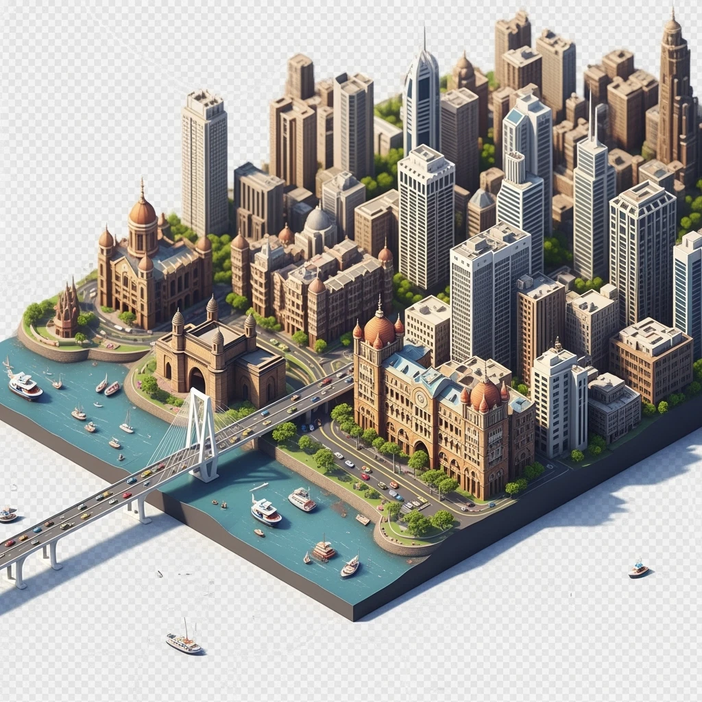 Isometric miniature of Mumbai city, featuring iconic landmarks like Gateway of India, Bandra-Worli Sea Link, Chhatrapati Shivaji Terminus,  clustered high-rises and skyscrapers, 3D miniature effect and Tilt Shift effect, no cartoonish look, transparent background.

 clustered high-rises emoji