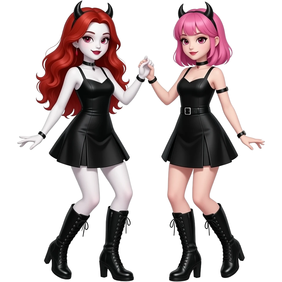 Vampiro femmina ADOLESCENTE con pelle bianca e capelli rosso ondulati lunghi che indossa un vestito corto nero e degli stivali lunghi neri con tacco e balla con la sua amica VAMPIRO che indossa i suoi stessi vestiti e ha i capelli rosa con la frangia emoji