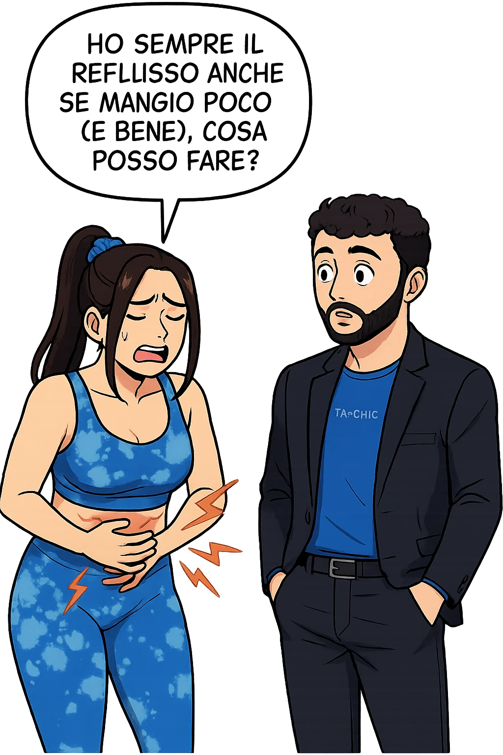 TRASFORMA QUESTO CAROSELLO IN UN FUMETTO STILE WEBTOON/MANGA A COLORI CON QUESTE DUE PERSONE IDENTICHE CHE INTERLOQUISCONO TRA LORO, LA DONNA è DISPERATA CON LE MANI sulla pania perché soffre di reflusso E STA DOMANDANDO TUTTA AGITATA UNA COSA ALL'UOMO:

LEI (DONNA): Ho sempre il reflusso anche se mangio poco (e bene), cosa posso fare?
 emoji