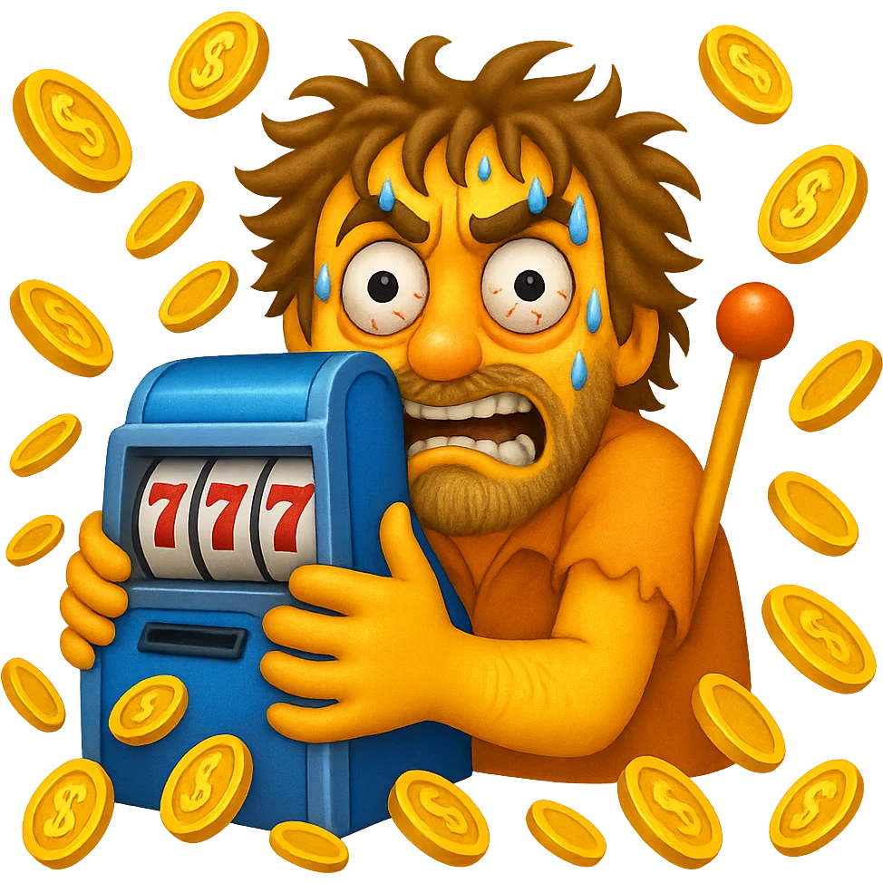 Make the disheveled man look even more desperate with wild eyes, frantic expression, sweating, clutching the slot machine, coins flying everywhere. Style: apple emoji style. emoji