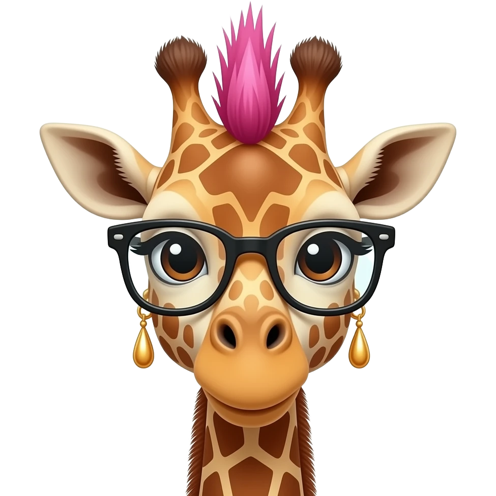 giraffe with pink very spiky mohawk hair and glassess and earrings, just face, front view emoji