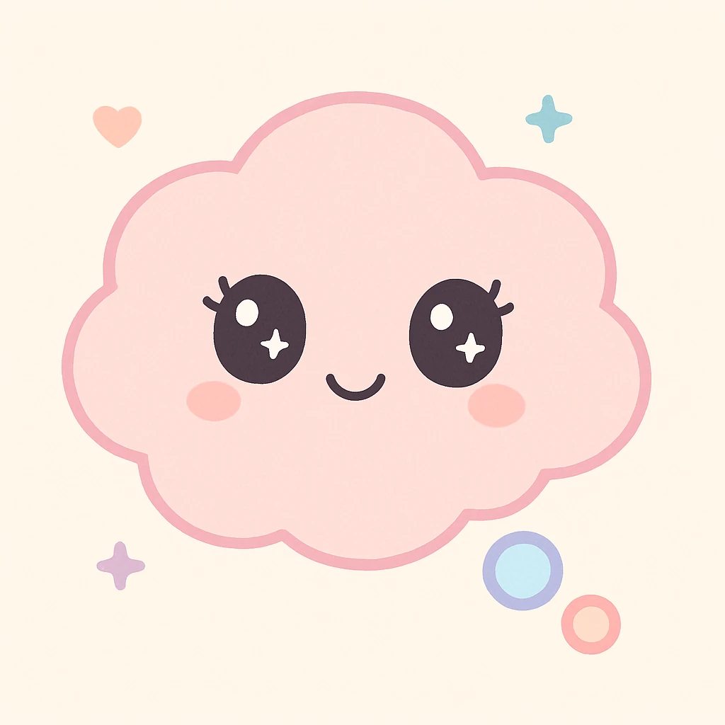 thought bubble with cute face, eyelashes, pastel color palette, girly charming emoji