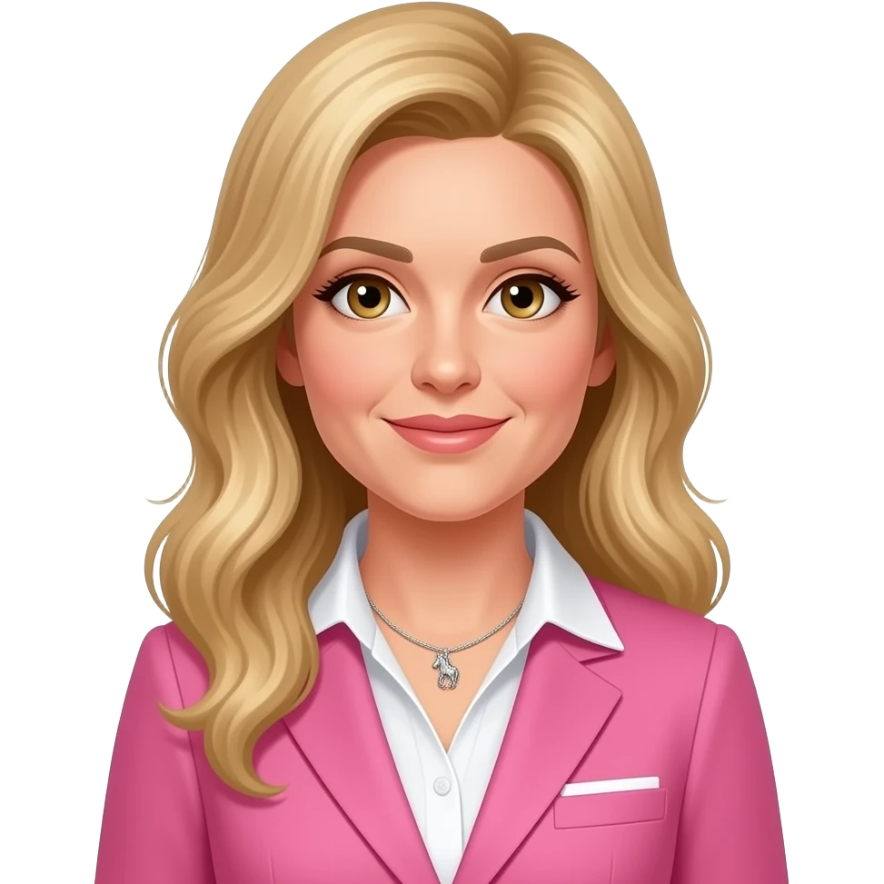 female, blonde hair, very long wavy hair, hazel eyes, mid 30's, silver horse necklace, hair swept off forehead on left side, pink accountant emoji