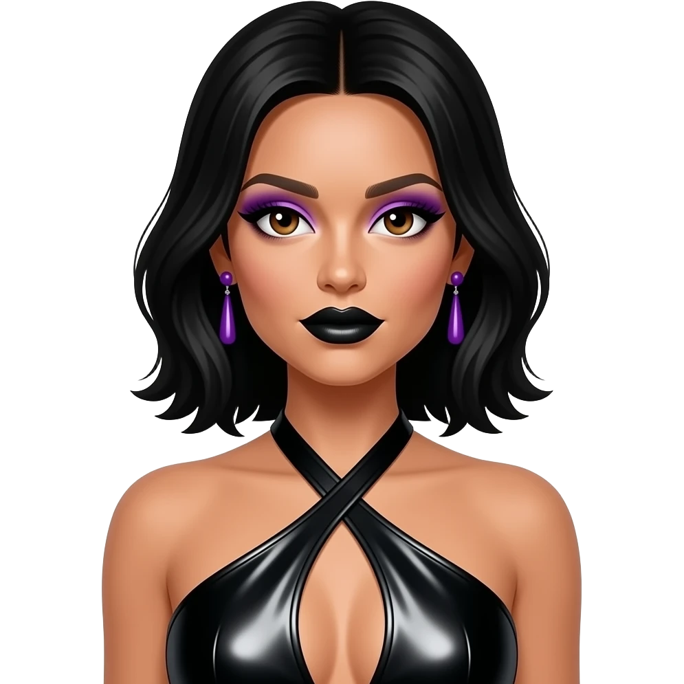 Victoria Beckham from Spice Girls with brown eyes, black hair, purple eyeshadow, black lipstick, black metallic halter dress, purple earrings emoji