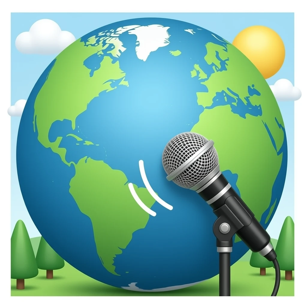 На картинке изображена планета Земля, а рядом — микрофон. От микрофона к планете идёт волнистая линия emoji