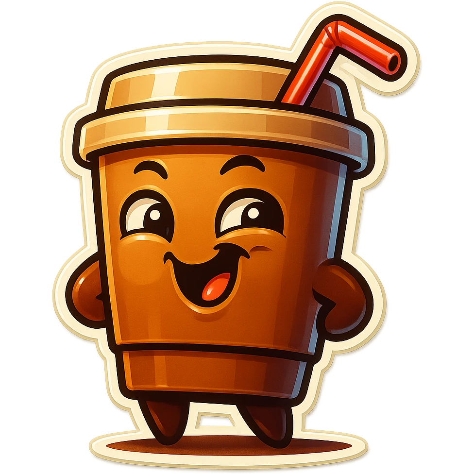 Tall coffee cup, amused, giggling, mischievous, drinking coffee with straw, looking sideways emoji