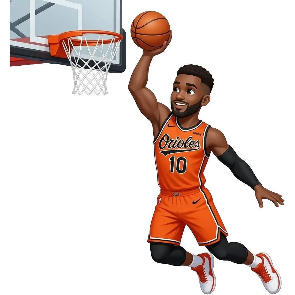 black man with fluffy brown low taper fade dunking the ball in jersey number 10 and the colors of of the jersey is orange and black and the jersey said “orioles” emoji