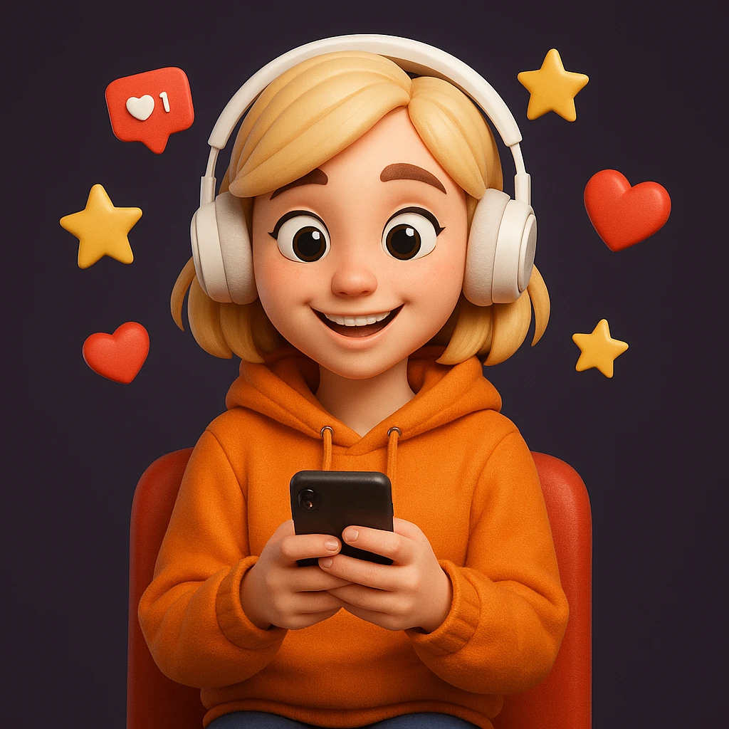 Create a detailed Generation Z girl character in a cartoonish 3D style with a happy expression, wearing an orange hoodie, sitting on a red chair, holding a smartphone in her hands and surrounded by floating icons of stars, likes and hearts.
The character should have stylised light hair, large expressive eyes, white on-ear headphones and a soft, expressive Pixar-style look.
Depict the character in full, centred in the frame, with even studio lighting, soft shadows
and a clean dark purple background for contrast. emoji