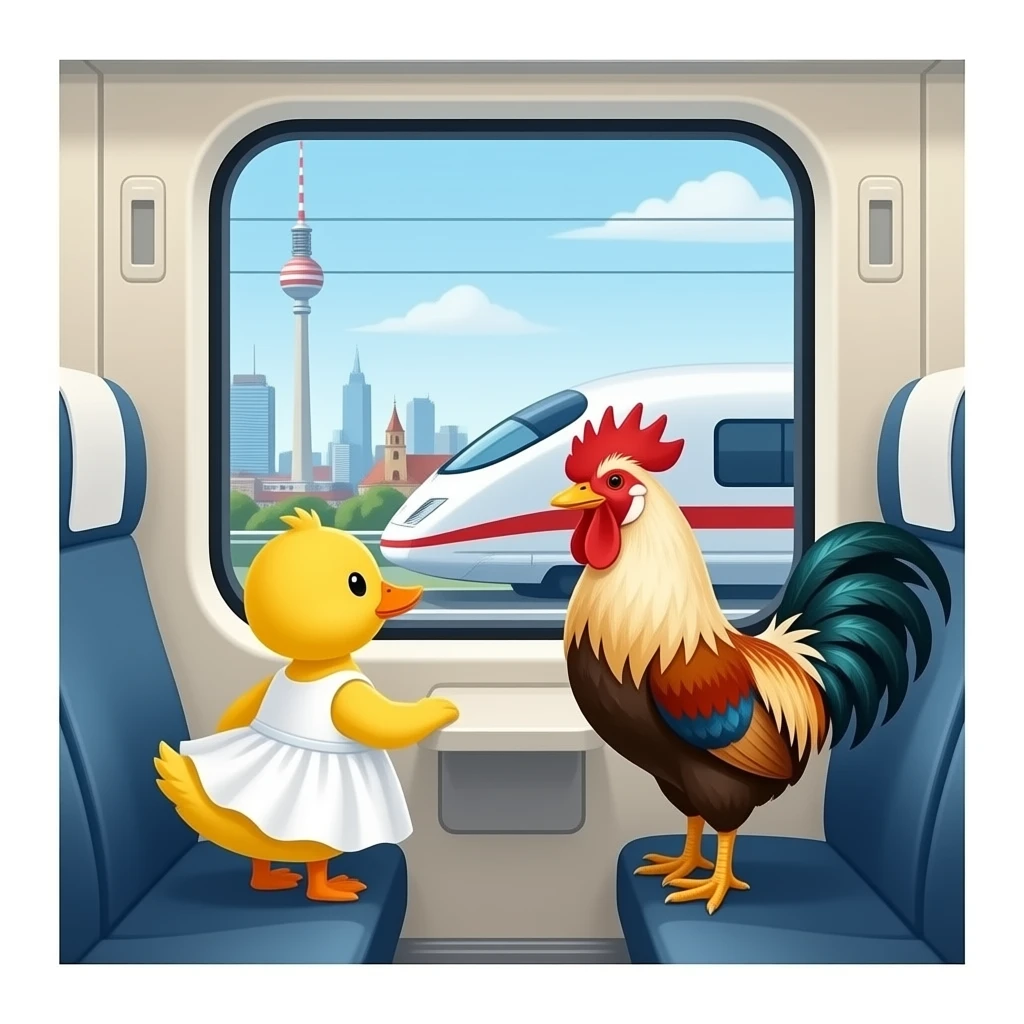 Babyente auf ner Reise im ICE Zug und neben ihr DDR Hahn, das Entchen hat ein weißes Kleid an und ist eine hübsche Blondine und der Hahn ist ein älterer lockiger DDR Typ und beide schaue aus dem Fenster mit Blick auf Berlin emoji