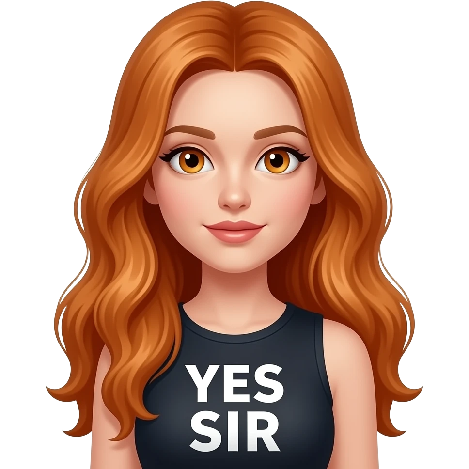 sexy girl with overlong ginger hair and ginger eyes a top with YES SIR written on it emoji
